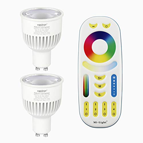 LIGHTEU®, Milight Miboxer 2x 6W GU10 RGB + CCT LED Farbwechsel und CCT WW CW Temperatur einstellbar mit einer 4-Zonen Fernbedienung (2x FUT106 + FUT092) von lighteu