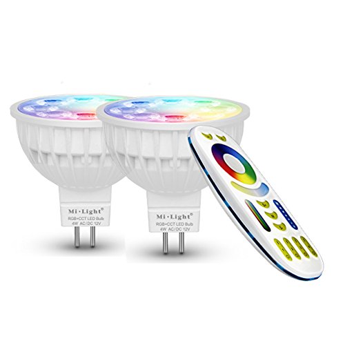 lighteu®, 2x 4W 12V GU5.3 MR16 RGB + CCT LED-Strahler Farbwechsel und CCT WW CW Temperatur einstellbar, original Mi-Light, Glühlampe mit 4-Zonen-Fernbedienung (2xFUT104 + FUT092) von lighteu