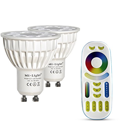 lighteu®, 2x 4W GU10 RGB + CCT LED-Strahler Farbwechsel und CCT WW CW Temperatur einstellbar, original Mi-Light, Glühlampe mit 4-Zonen-Fernbedienung (2xFUT103 + FUT092) von lighteu