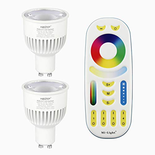 LIGHTEU®, 2x 6W GU10 RGB + CCT LED-Strahler Farbwechsel und CCT WW CW Temperatur einstellbar, original Mi-Light, Glühlampe mit 4-Zonen-Fernbedienung (2xFUT106 + FUT092) von lighteu