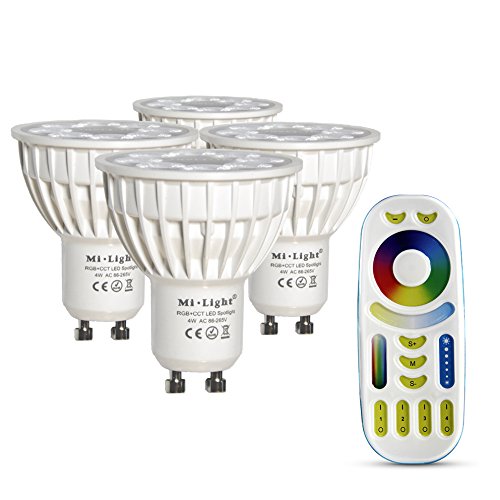 lighteu®, 4x 4W GU10 RGB + CCT LED-Strahler Farbwechsel und CCT WW CW Temperatur einstellbar, original Mi-Light, Glühlampe mit 4-Zonen-Fernbedienung (4x FUT103 + FUT092) von lighteu