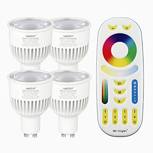 lighteu®, 4x 6W GU10 RGB + CCT LED-Strahler Farbwechsel und CCT WW CW Temperatur einstellbar, original Mi-Light, Glühlampe mit 4-Zonen-Fernbedienung (4x FUT106 + FUT092) von lighteu