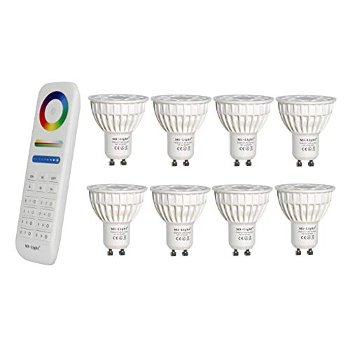 lighteu®, 8x 4W GU10 RGB + CCT LED-Strahler Farbwechsel und CCT WW CW Temperatur einstellbar, original Mi-Light, Glühlampe mit 8-Zonen-Fernbedienung (8x FUT103 + FUT089) von lighteu