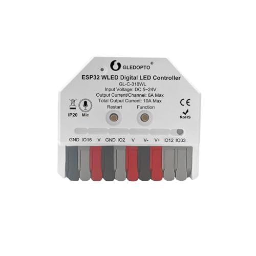 LIGHTEU®, GLEDOPTO Mini WiFi WLED Controller (ESP32, Mic) 3-Kanal RGB LED Controller 5–24V 10A für WS2811 WS2812 SK6812 TM1814 Strips, GL-C-310WL von lighteu
