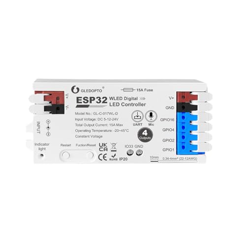 LIGHTEU®, GLEDOPTO WiFi WLED LED-Controller (ESP32, 4-Kanäle, mit Mikrofon) DC 5–24 V, 15A, Adressierbarer Lichtleiste für WS2811 WS2812 SK6812 TM1814 WS2813, GL-C-017WL-D von lighteu