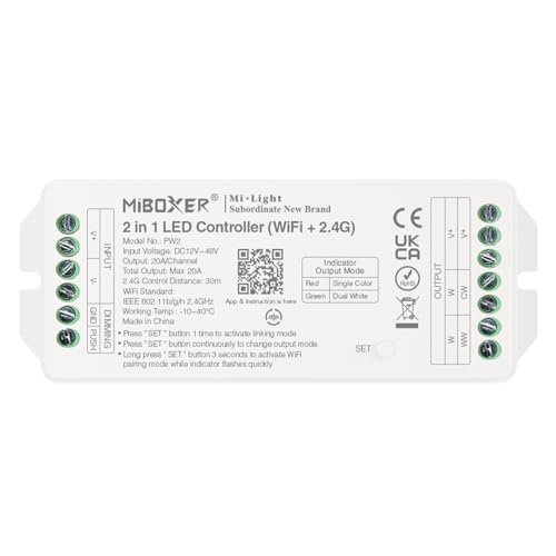 LIGHTEU®, Milight Miboxer (WiFi+2,4G) 2 in 1 LED Controller DC12 V–48 V Hohe Leistung, max. 20 A, TUYA App und Sprachsteuerung, unterstützt Push-Dimmen, PW2 von lighteu