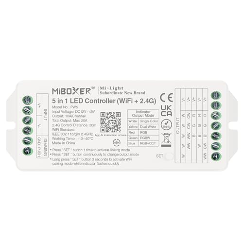 LIGHTEU®, Milight Miboxer (WiFi 2,4G) 5 in 1 LED Controller DC12 V–48 V Hohe Leistung, max. 20 A, TUYA App und Sprachsteuerung, unterstützt Push-Dimmer, PW5 von lighteu