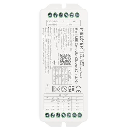 LIGHTEU®, Milight Miboxer (Zigbee 2,4G) 5 in 1 LED Controller DC12 V–48 V Hohe Leistung Max. 20 A, Zigbee- und 2,4GHz unterstützt Push-Dimmer, PZ5 von lighteu