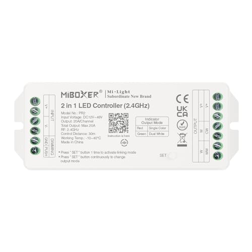 LIGHTEU®, Milight Miboxer 2,4 GHz 2 in 1 LED Controller DC12 V–48 V Hohe Leistung, max. 20 A, PWM hohe/niedrige Frequenz, unterstützt Push-Dimmen, PR2 von lighteu