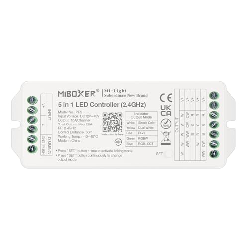 LIGHTEU®, Milight Miboxer 2,4 GHz 5 in 1 LED Controller DC12 V–48 V Hohe Leistung, max. 20 A, PWM hohe/niedrige Frequenz, unterstützt Push-Dimmer, PR5 von lighteu