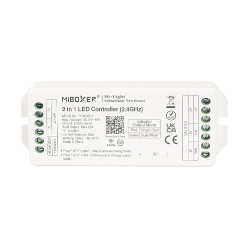 LIGHTEU®, Milight Miboxer 2.4 GHz 2 in 1 LED Controller DC12V-48V Hohe Ausgangsleistung max. 20 A, PWM Hoch/Niederfrequenz, unterstützt Push Dimmer, FUT035P+ von lighteu