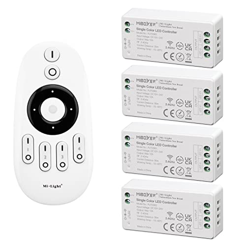 LIGHTEU®, Milight Miboxer Fernbedienungskit: Packung mit 4 x einfarbigen Dimmer Controllern mit 1 x drahtloser 4-Zonen-RF-Fernbedienung 4x fut036S + fut007 von lighteu