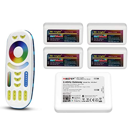 LIGHTEU®, Milight Miboxer-Fernbedienungskit: Packung mit 4x RGBCCT LED Streifensteuerungen und 1x 4-Zonen RGBCCT Fernbedienung und WL-Box2 (4xfut039+fut092+wl-box2) von lighteu