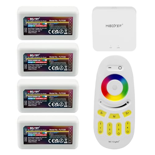 LIGHTEU®, Milight Miboxer Fernbedienungskit: Packung mit 4x RGBW LED Streifensteuerungen und 1x drahtloser 4-Zonen LED RGBW Fernbedienung fut038 + fut096 + WL-Box2 (APP und Sprachsteuerung) von lighteu