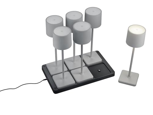 lightling 6er Set LED Tischlampe Fernando, Akku Design Tischleuchte (inkl. 6er Ladestation), Indoor & Oudoor IP54, per Touch stufenlos dimmbar, 13 x 38 cm, Kunststoff, 1W, ultimate grau matt von lightling