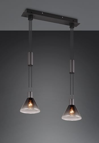 lightling Modern Pendellampe Stefanie 2-flammig, rauchfarbiges Glas, höhenverstellbar, exkl. 2 x E27 max. 40W, Höhe 160 cm, Breite 55 cm, Metall, schwarz matt von lightling