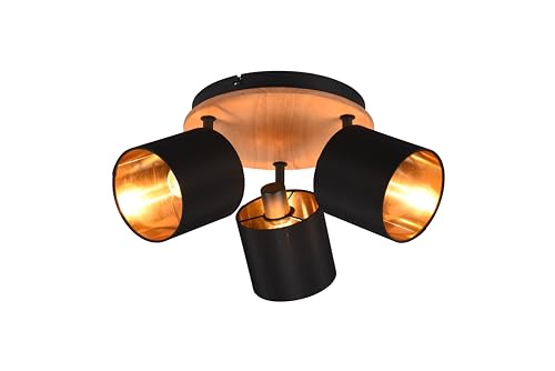 lightling Strahler Benny mit Stoffschirm schwarz matt und Innenseite in Farbe Gold. Korpus Metall schwarz und Holz. exkl. 3 x E14 (max. 28W). Höhe: 22 cm. Ø 46 cm von lightling