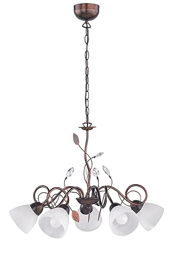 lightling Theresa Pendelleuchte, Kronleuchter rostfarben antik, 5-flammig, Schirme aus Glas in weiß alabaster, exkl. 5 x E14 max 40 Watt Leuchtmittel, Höhe: 150 cm von lightling