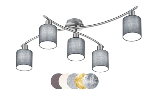 lightling modern Deckenleuchte Marita 5-flammig nickel matt Metall, Stoffschirm grau, drehbar und schwenkbar, exkl. 5 x E14 max. 25W, 75 x 22 x 44 cm von lightling