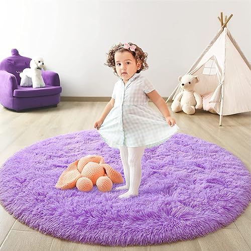 Shaggy Hochflor Teppich Rund für Kinderzimmer Wohnzimmer Schlafzimmer Langflor Teppich Hochwertig Hohe Pflegeleicht Fadendichte Flauschiger kinderteppich für Kinder Mädchen((Violett, 153cm) von lightlux