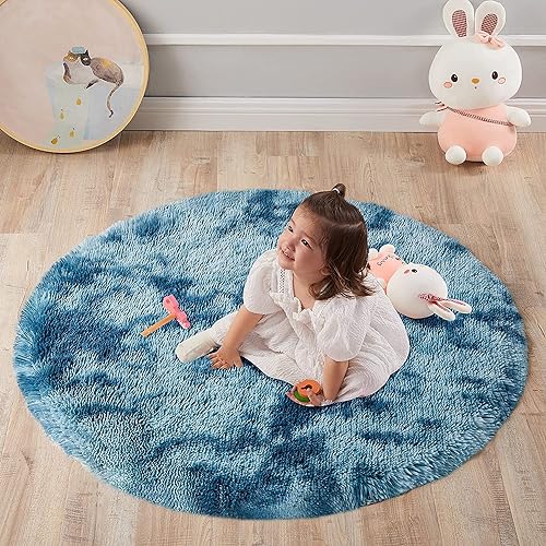 Shaggy Hochflor Teppich Rund für Kinderzimmer Wohnzimmer Schlafzimmer Langflor Teppich Hochwertig Hohe Pflegeleicht Fadendichte Wasser flauschiger kinderteppich Bodenmatte Mädchen( (Blau, 183cm) von lightlux