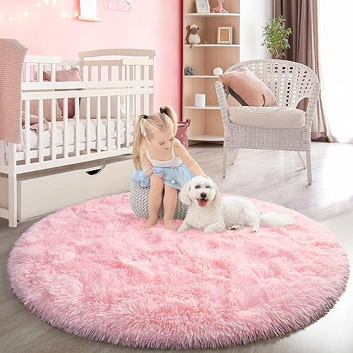 Shaggy Hochflor Teppich Rund für Kinderzimmer Wohnzimmer Schlafzimmer Langflor Teppich Hochwertig Hohe Pflegeleicht Fadendichte flauschiger kinderteppich Bodenmatte für Kinder Mädchen( (Rosa, 183cm) von lightlux