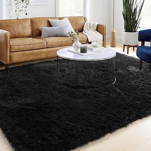 lightlux Teppich Rund-Shaggy Hochflor Teppich für Wohnzimmer Langflor Teppich Hochwertig Hohe Pflegeleicht Fadendichte Wasser Indoor Bodenmatte für (Elegant Black, 120×180cm) von lightlux