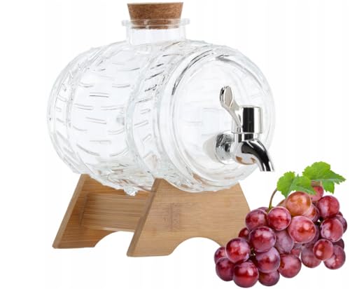 1,5L Fässchen mit Holzständer Weinfass Fass Mit Hahn,FassföRmiger GeträNkespender Aus Glas, Fass GeträNkespender Mit Zapfhahn Und StäNder FüR Whisky, Brandy, SäFte, Limonade Saftspender von lilawelt24