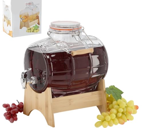 Fässchen mit Holzständer Weinfass Fass Mit Hahn Schnapsfass Whiskyfass Karaffe Getränkespender aus Glas Spender mit Holzuntersatz, Alkoholspender Glasfass mit Zapfhahn (8L) von lilawelt24