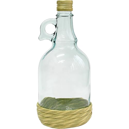 lilawelt24 Flasche mit rundem Griff Rundgriff Henkel Schraubverschlüss Weinballon Glasballon Weinflasche Likörflasche Essig-Öl Schnapsflasche |Karaffe | Leere Glasflasche| Wasserflasche (1L mit Korb) von lilawelt24