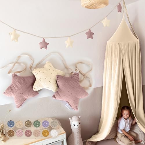 LILIMAUS Sternen Wimpelkette Stoff - Mit Goldapplikation in 12 Farben - 100% Baumwolle Handmade - Musselin Wimpelkette für Kinderzimmer - Hausbett Deko für Mädchen & Jungen - Babyzimmer Deko von lilimaus