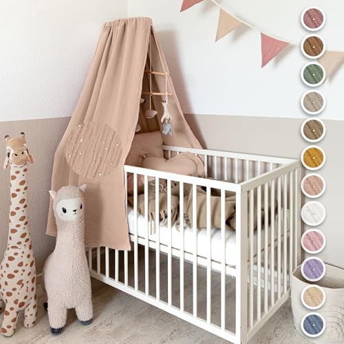 lilimaus Betthimmel Babybett mit Goldapplikationen [in 12 Farben] Himmel Babybett aus 100% Baumwolle Musselin - Betthimmel Mädchen & Jungen - Himmelbett Kinderzimmer & Babyzimmer Deko - Baby Bett von lilimaus