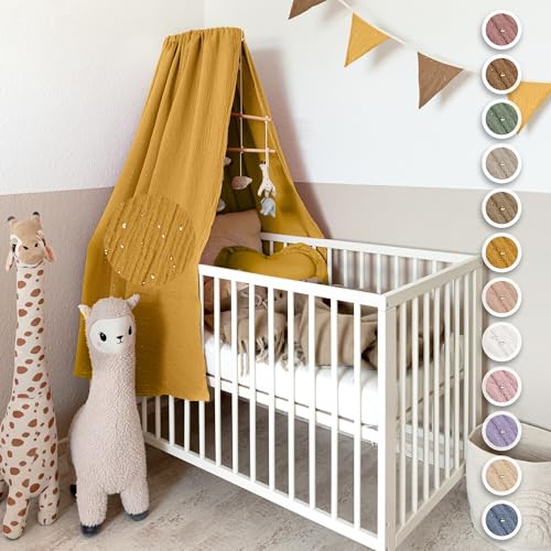 lilimaus Betthimmel Babybett mit Goldapplikationen [in 12 Farben] Himmel Babybett aus 100% Baumwolle Musselin - Betthimmel Mädchen & Jungen - Himmelbett Kinderzimmer & Babyzimmer Deko - Baby Bett von lilimaus