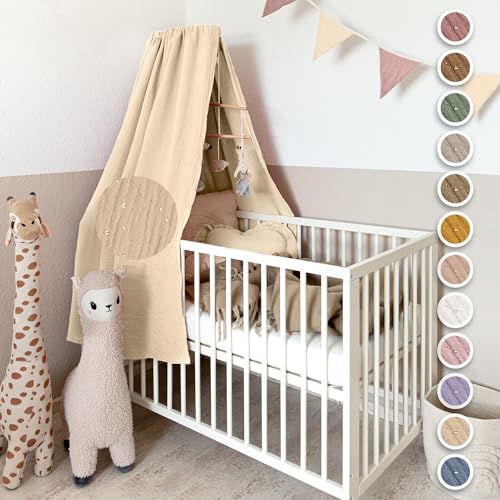 lilimaus Betthimmel Babybett mit Goldapplikationen [in 12 Farben] Himmel Babybett aus 100% Baumwolle Musselin - Betthimmel Mädchen & Jungen - Himmelbett Kinderzimmer & Babyzimmer Deko - Baby Bett von lilimaus
