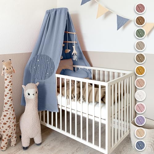 lilimaus Betthimmel Babybett mit Goldapplikationen [in 12 Farben] Himmel Babybett aus 100% Baumwolle Musselin - Betthimmel Mädchen & Jungen - Himmelbett Kinderzimmer & Babyzimmer Deko - Baby Bett von lilimaus