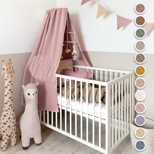 lilimaus Betthimmel Babybett mit Goldapplikationen [in 12 Farben] Himmel Babybett aus 100% Baumwolle Musselin - Betthimmel Mädchen & Jungen - Himmelbett Kinderzimmer & Babyzimmer Deko - Baby Bett von lilimaus