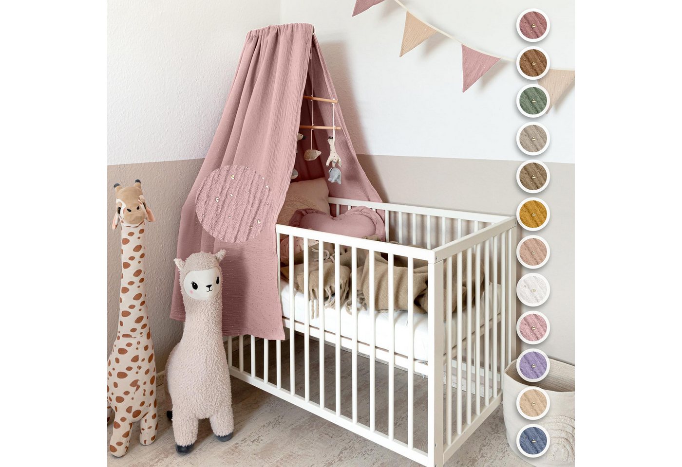 lilimaus Betthimmel Handgefertigter Baumwoll Betthimmel für Babybett, Gold Applikation, Stilvolle Musselin-Deko für Kinderzimmer, handgefertigt aus Baumwolle von lilimaus