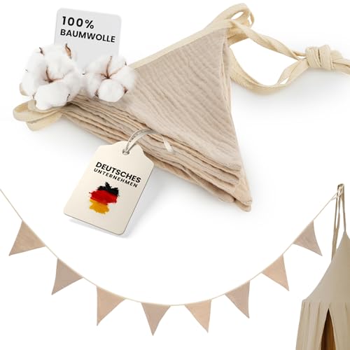 lilimaus Wimpelkette Kinderzimmer - Stoff Wimpelkette aus 100% Musselin Baumwolle - Kinderzimmer Deko Mädchen & Jungen - Tolles Zubehör für Hausbett, Babybett & Kinderbett - Wanddeko Geschenk von lilimaus