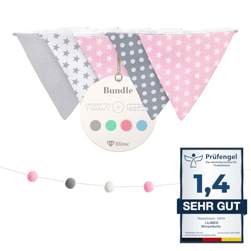 lilime® Wimpelkette Inkl. GRATIS Girlande ideal für Dekoration im Kinderzimmer - Unsere Wanddeko für Dein Kind - Super süße Deko für jedes Babyzimmer (1.9M/Grau-Weiß-Pink) von lilime