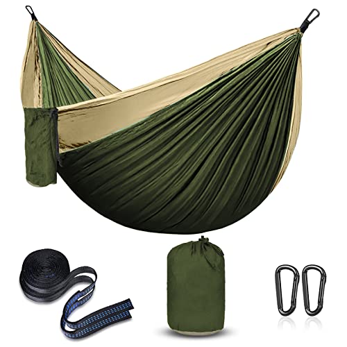 Hängematte Camping Ultraleicht mit Seilabdeckungen, Reise Hängematte Atmungsaktiver Nylon Fallschirm Hängematten für Outdoor Camping, Garten & Strand (Khaki/ArmyGreen) von lineno