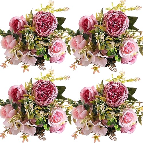 linhaida Künstliche Blumen, 4Pcs Unechte Blumen Deko Pfingstrose Seide Hortensie Herbstblumenstrauß, Realistische Blumenarrangements Tischdekoration Hochzeitssträuße für Party Heimdekoration von linhaida