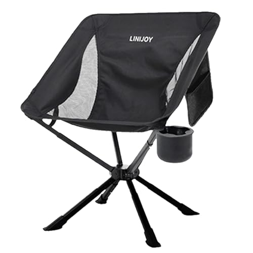Leichter tragbarer Campingstuhl, zusammenklappbarer Campingstuhl für Erwachsene, unterstützt bis zu 136 kg, mit Getränkehalter, Aufbewahrungstasche, Schwarz von linijoy