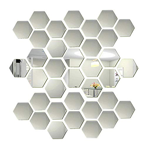 36Stück Hexagon Folie Spiegelfliesen Selbstklebend Set für Wand Dekoration,3D Silber Wandtattoo Spiegel Effekt Kleine Wandaufkleber Wandsticker Wand-Deko Wandbilder für Zuhause Wohnzimmer Schlafzimmer von linjinde