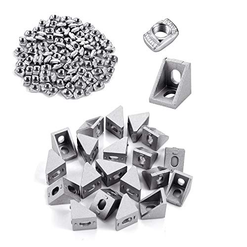 T-Nut Muttern M5 T Nutmuttern Nutenstein Winkel Hammerkopf Befestigungsmutter Sortiment Kit für Aluminium Profil mit 20 Stück Eckwinkel für 20x20 mm Aluminium Extrusion Aluschiene Verbinder Zubehör von linjinde