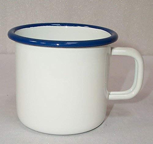 Emaille Becher, Tasse, Henkelbecher Henkeltopf, Kaffeetasse, weiß- blau 8 cm von linoows