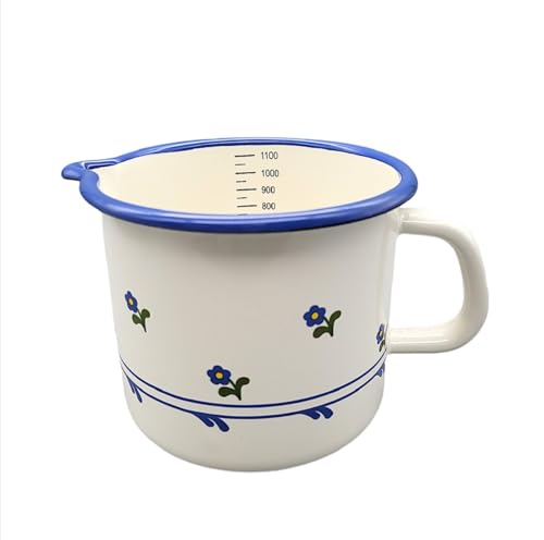 Emaille Milchtopf mit Skala, Messbecher, Schnabeltopf, Creme Blümchen 1 Liter von linoows