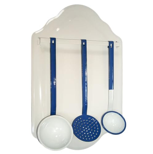 Linoows Retro Löffelgarnitur mit Löffelblech, Küchenhelfer Set, Emaille weiß-blau von linoows
