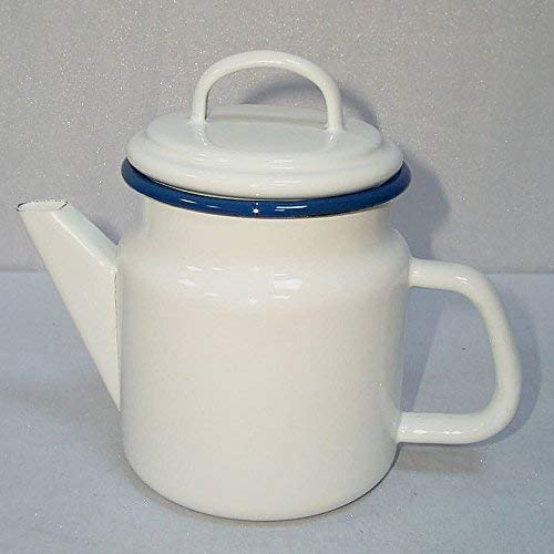 Teekanne, Deckelkanne, Emaille Teepott Weiß- blauer Rand 1,0 Liter von linoows