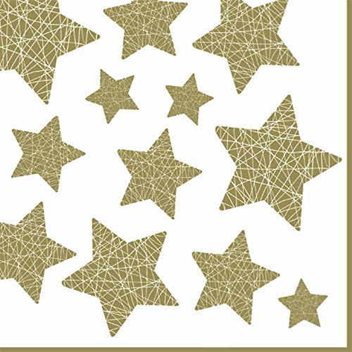 linoows 20 Servietten Weihnachten glänzende goldene Sterne auf Weiß 33x33 cm. von linoows