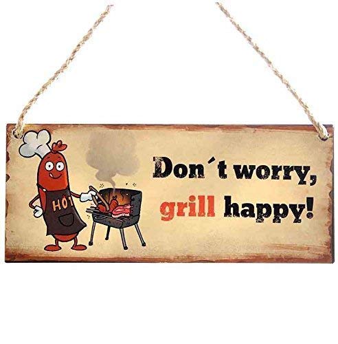 linoows Blechschild, Reklameschild Don`t Worry, Grill Happy, Lustiges Wandschild 13x31 cm von linoows